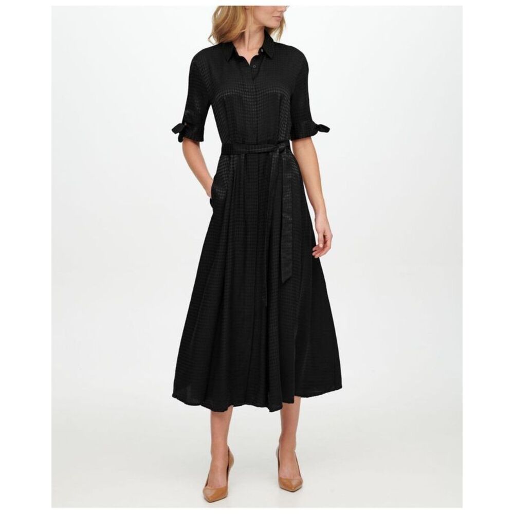 NWT CALVIN KLEIN Womens Black Tie Button Front Removable Belt Midi Dress 14